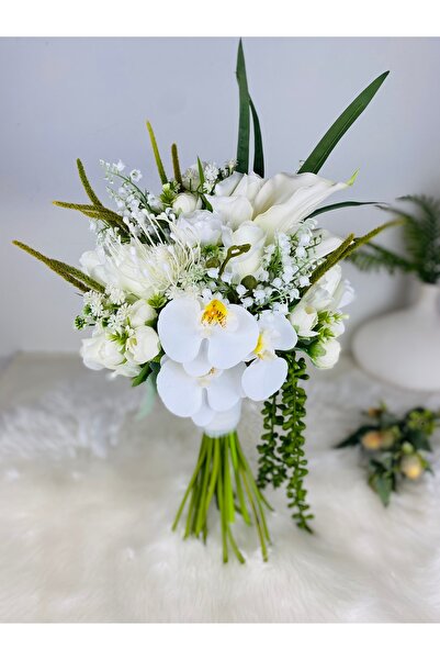 Buketlife Beyaz orkide lilyum gül gelin çiçeği gelin buketi yaka çiçeği