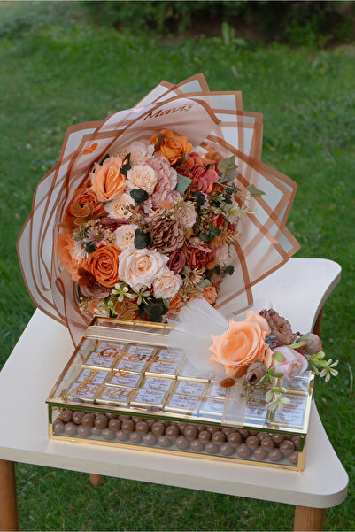 FilizKonuk Yapay Çiçek El Buketi İsteme Çiçeği ve Çikolatası Söz Nişan Seti N...