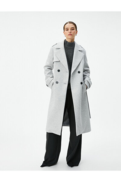 Koton Long Kachet Coat Belted Waist Double Breasted Buttoned Pocket