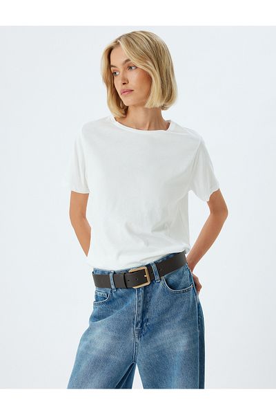 Koton Tricou de bază din bumbac cu mânecă scurtă cu decolteu