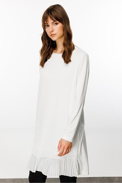Micca Ecru Colored Long Sleeve Chiffon Tunic - Pleated and Combed Detail, Front Size