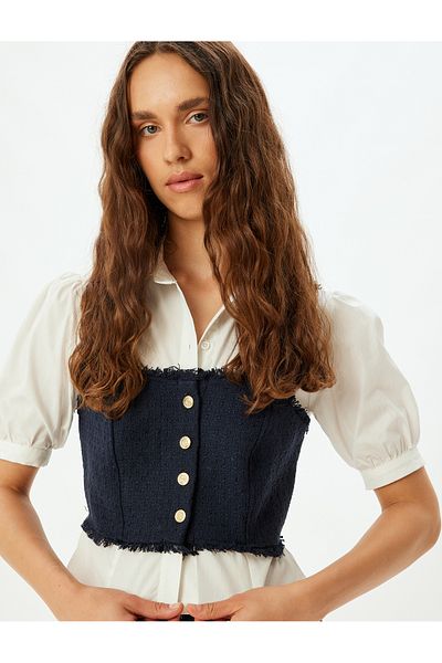 Koton Tweed Λεπτομερές κοντό μπαλόνι μανίκι Crop πουκάμισο