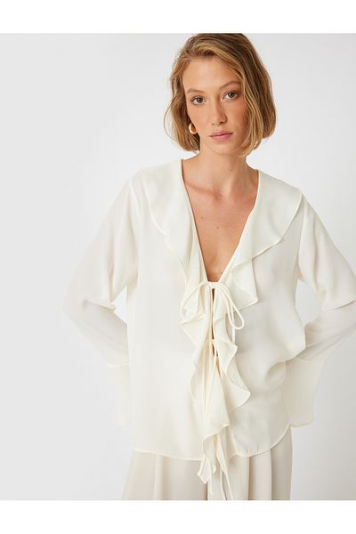 Koton Long Wide Sleeve V-Neck - Front Tie Frilly Shirt