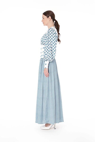 miha Hicran Önal NAKIŞ DETAYLI DİJİTAL BASKI UZUN ELBİSE Mavi