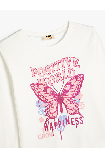 Koton Long Sleeve Cotton T-Shirt - Butterfly Printed, Crew Neck