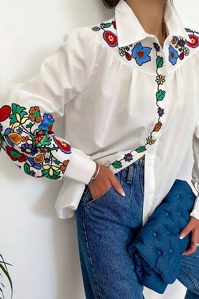 FURKAN EXCLUSIVE Women's White Shoulder And Sleeve Floral Embroidery Shirt