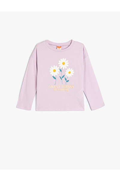 Koton Langärmliges T-Shirt aus strukturiertem Baumwollstoff mit Blumenmuster – Rundhalsausschnitt