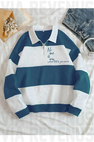 Vordevia Hanorac unisex albastru petrol cu ​​dungi albe cu gât polo - jumătate cu fermoar