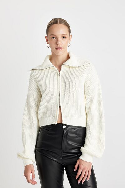 DeFacto Slim Fit Slim Fit Stand Collar Basic Plain Zippered Knitwear Cardigan A3333Ax24Wn