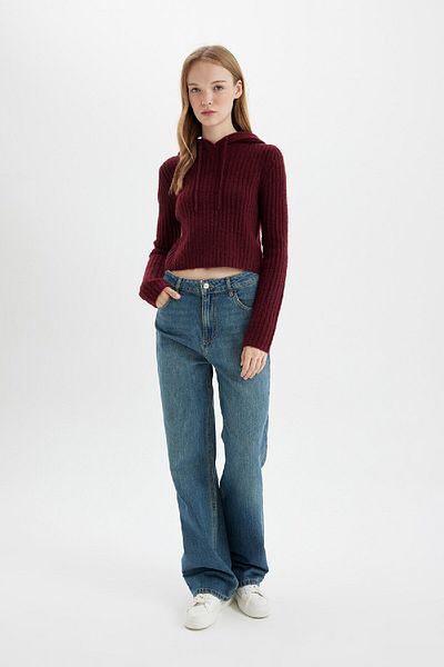 DeFacto Pulover de tricotaj crop cu glugă, cu croială obișnuită, C7333ax24wn