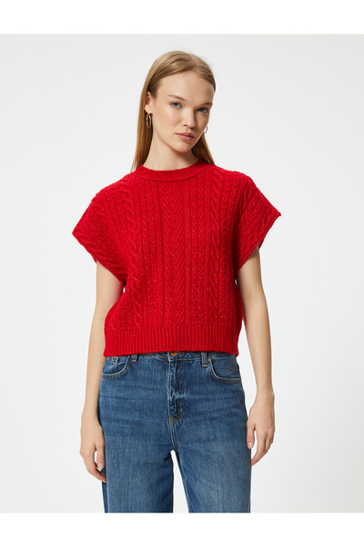 Koton Strukturierter Strickpullover mit Rundhalsausschnitt und Fledermausärmeln