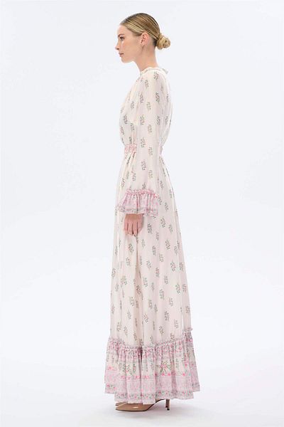 miha Hicran Önal Beige Long Dress - Collar and Cuff Drawstring Detail