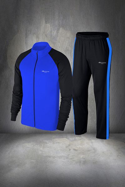 POSEIDON STORM Men's Blue Supra Combed Cotton Tracksuit Set - Oversize, Zippered, Special Design 4xl-10xl