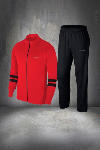 POSEIDON STORM Men's Red Custom Supra Combed Cotton Running Set - Plus Size, Zippered Jacket and Sweatpants 4xl-10xl