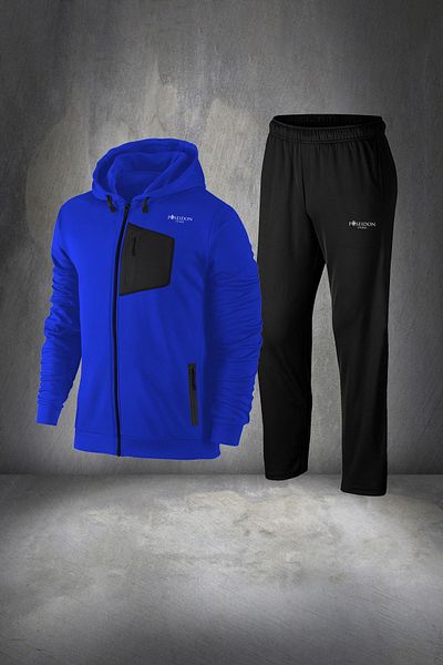 POSEIDON STORM Men's Blue Supra Combed Cotton Hooded Walking Set - Oversize Comfortable Fit 4xl-10xl