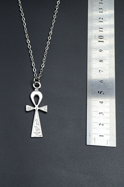 Had Safha Ankh Anahtarı - Nil'in Anahtarı Gümüş Kaplama Unisex Düz Zincir Kolye kod 757