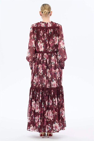 miha Hicran Önal ŞERİT DANTELLİ ŞİFON ELBİSE Bordo