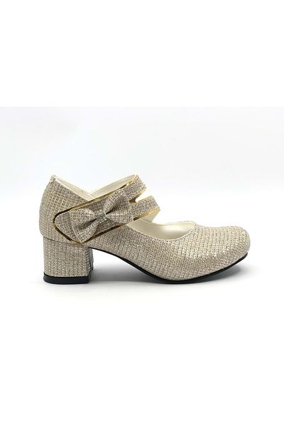 KCMN İremsu 7845 Side Ribbon Girls' Heeled Children's Shoes Gold