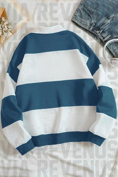 Vordevia Unisex Petrol Blue White Stripes - Hanorac cu imprimeu far cu jumătate de fermoar cu gât polo