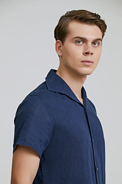 Twn Slim Fit Navy Blue Plain Linen Shirt