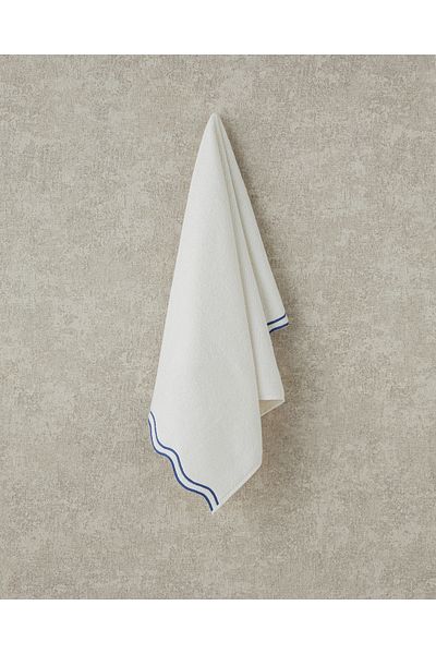 English Home Retro Waves Βαμβακερή Κεντημένη Πετσέτα Προσώπου Εκρού - Μπλε