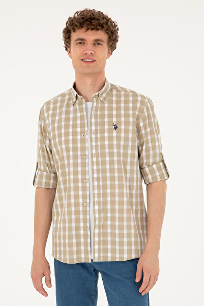 U.S. Polo Assn. قميص رجالي كاكي فاتح بأكمام طويلة 50288665 -VR183