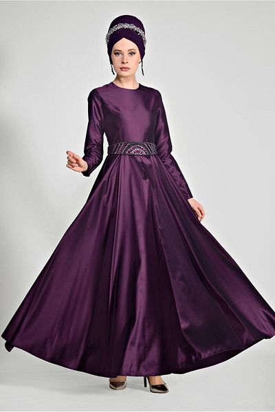 TRENDTESETTÜR Γυναικείο Φούξια (K.FUŞYA) T 1788 Tuay Taffeta Ζώνη με χάντρες Κεντημένο βραδινό φόρεμα