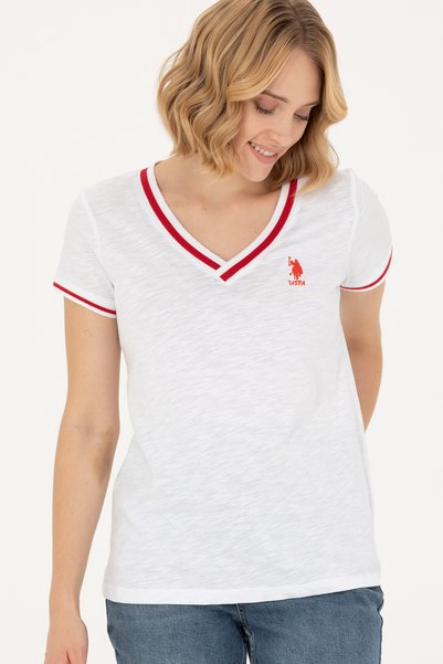 U.S. Polo Assn. تي شيرت أبيض برقبة على شكل حرف V للسيدات 50271619-VR013