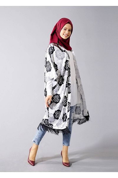 TRENDTESETTÜR Women's Black Tassel Detailed Patterned Jacket 5798