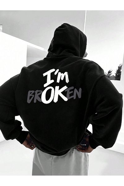 LUNAVISTA I'M Fine - I'M Broken Black Oversize Hooded Sweatshirt Hoodie