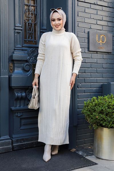 Neva Style Rochie de tricotaj Hijab crem 31230KR