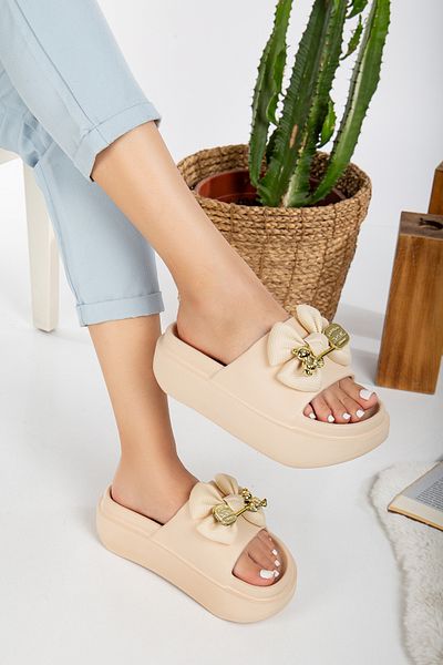 PLN SHOES Women's Beige Luxury Daily Beach Sea Pool Slippers with Bow