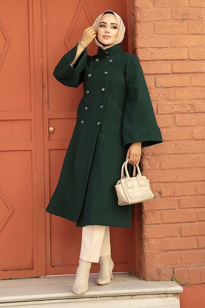 Neva Style Belted Emerald Green Cashmere Hijab Coat 61112Zy