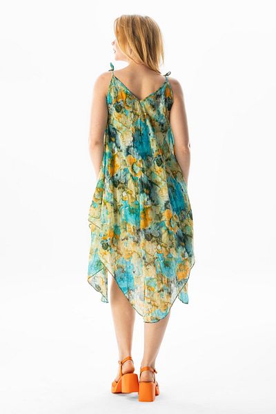 Eliş Şile Bezi Strappy Voile Aphrodite Midi Summer Dress Tie Dye Turquoise 6212
