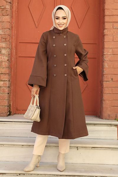 Neva Style Belted Brown Cashmere Hijab Coat 61112Kh