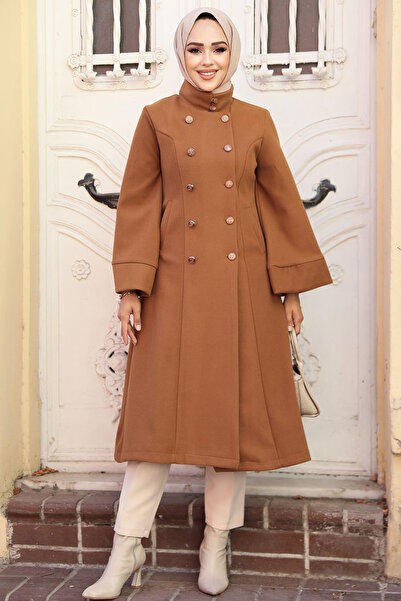 Neva Style Belted Tan Stamped Hijab Coat 61112Tb
