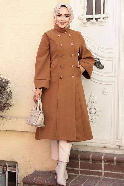 Neva Style Παλτό Hijab με ζώνη Tan Stamp 61112tb
