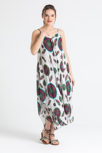 Eliş Şile Bezi Καλοκαιρινό φόρεμα με λουράκια Voile Aphrodite Midi Πράσινο-Λευκό 6197