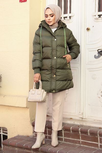 Neva Style Hooded Khaki Hijab Puffer Jacket 80191Hk