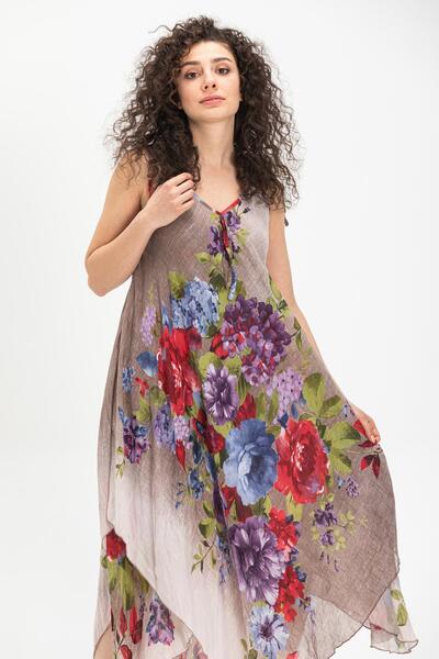 Eliş Şile Bezi Gray Midi Aphrodite Strap Summer Dress - 6132