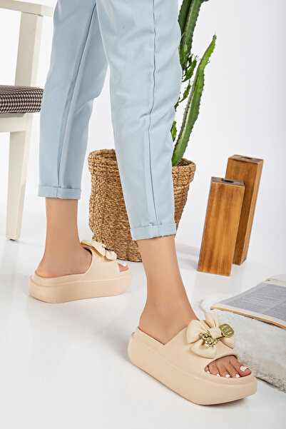 PLN SHOES Women's Beige Luxury Daily Beach Sea Pool Slippers with Bow