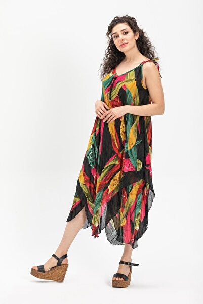 Eliş Şile Bezi Strappy Voile Aphrodite Midi Καλοκαιρινό Φόρεμα Μαύρο 6125