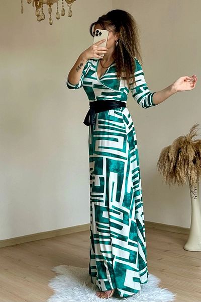 AZRA BUTİK Rochie lungă cu imprimeu geometric turcoaz