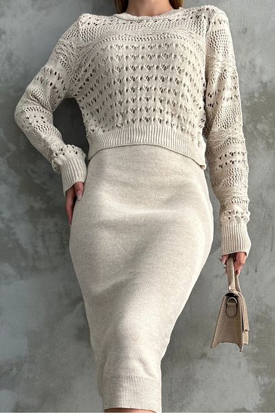 macharel jeans Beige Openwork Double Knitwear Suit/Sweater