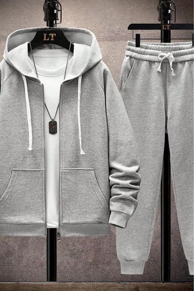 NO 601 Σετ Unisex Γκρι Μπουφάν με φερμουάρ Γκρι Φούτερ