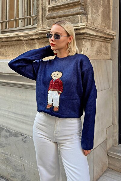 Swist Lacivert Süzene Bear Nakışlı Bisiklet Yaka Kadın Triko Kazak