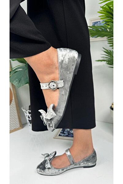 İmerShoes Daily Women's Gray Velvet Bow Ballerina Flats Single Strap Buckle Oval Toe Shoes 283