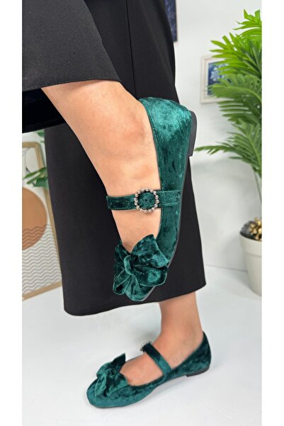 Allyup Жіночі щоденні зелені оксамитові балетки з бантиком, однією ремінкою т...