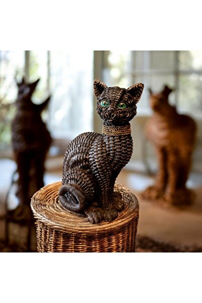 PİTAYA SANAT Yesil Gözlu, Hasır Görünümlü Siyah Kedi Obje /Halloween Kedisi