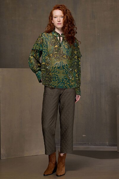 UPGRADE Desenli Şifon Bluz Haki